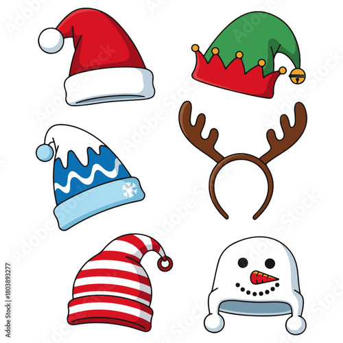 Various Festive Christmas Headwear and Accessories, including Santa Hats, Elf Cap with Bell, Reindeer Antler Headbands, Knitted Beanie, and Winter Village Snow Globe Illustration