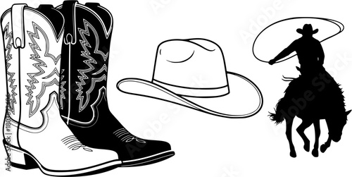 
Cowboy boots silhouette, Cowboy boots and western hat, Set of rodeo cowboy Silhouette,Vector illustration, Cowboy boot line art isolated on white background