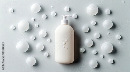 A beige pump bottle is centered on a light grey surface, surrounded by various sizes of white spheres.