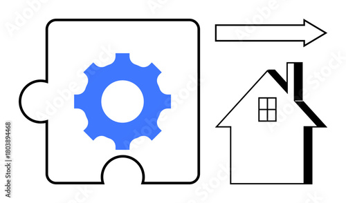 Gear on puzzle piece with arrow leading to house symbolizing problem-solving, innovation, and progress. Ideal for technology, construction, real estate, strategy, process optimization, innovation