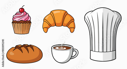 Assortment of bakery breakfast items and chef accessories vector Food Pastry Drink Sweet Cook Chef Baking Morning Coffee Flat Design Illustration