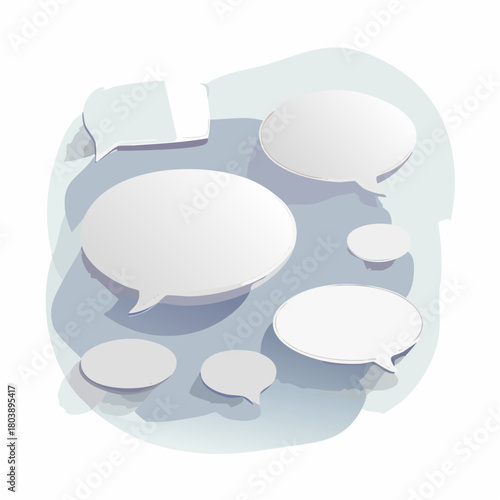 Minimalist vector illustration of a diverse set of blank white speech bubbles with soft shadows, symbolizing communication and discussion