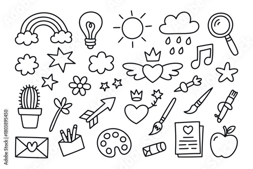 Collection of hand drawn doodle elements including rainbow sun clouds hearts stars and art supplies on white