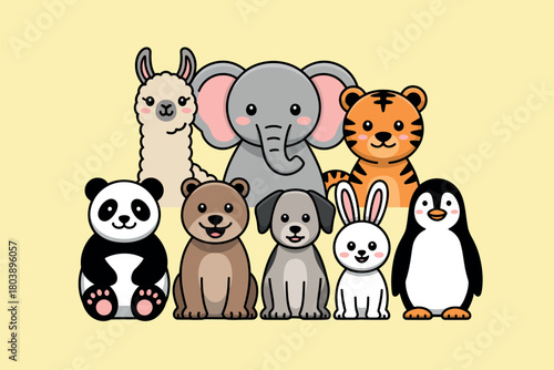 Adorable cartoon animals including a llama elephant tiger panda bear dog rabbit and penguin on yellow background