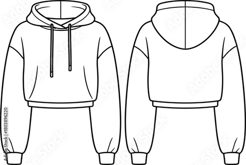 Cropped hoodie technical drawing, front and back views, drawstring hood and ribbed trim, fashion flat sketch illustration
