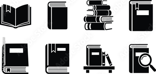 Book icon collection, black and white vector set of open, closed, stacked, labeled, and magnified book illustrations
