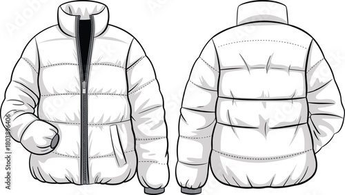 Insulated puffer jacket technical drawing, front and back views, quilted outerwear with high collar and side pockets