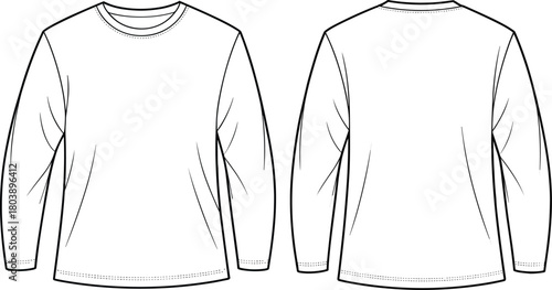 Long-sleeve shirt technical drawing, front and back views, crew neck design, fashion flat sketch, basic apparel illustration