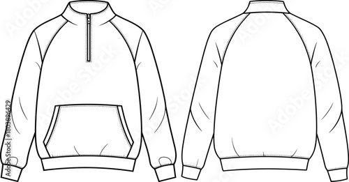 Pullover sweatshirt technical drawing, front and back views, raglan sleeve and kangaroo pocket, fashion flat sketch illustration