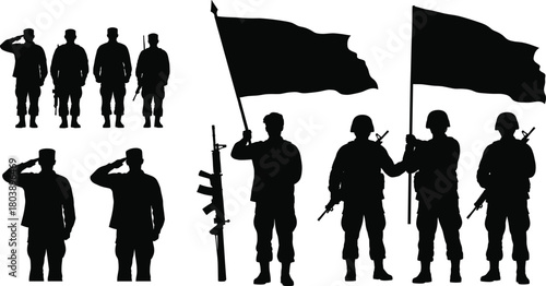 Military silhouette illustration set, saluting soldiers with flags and rifles, black vector design for patriotic and commemorative themes