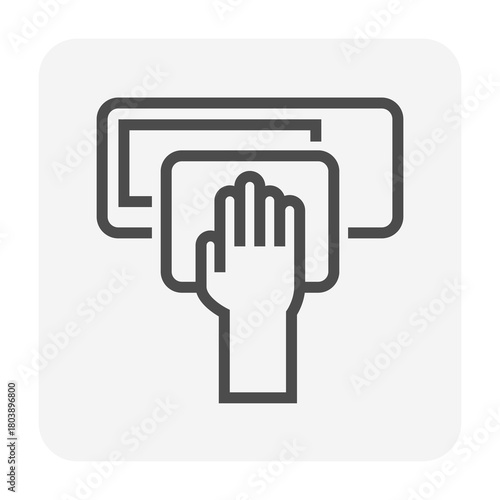 Air conditioner cleaning vector icon in black thin outline style with editable stroke. Linear symbol showing hand wiping indoor AC unit for dust removal, HVAC maintenance, equipment cleaning.