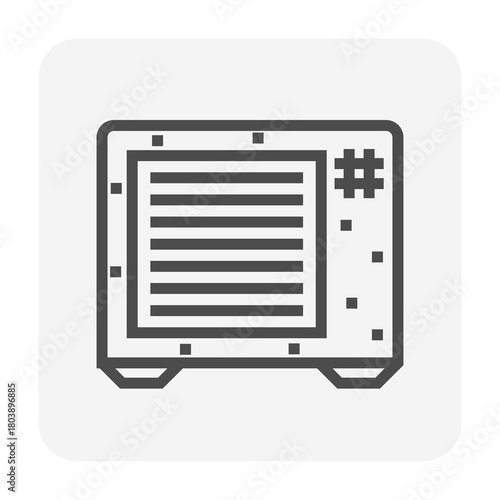 Dirty air condenser unit vector icon in black thin line style with editable stroke. Outline symbol representing HVAC maintenance, air conditioner cleaning, coil washing, equipment servicing.
