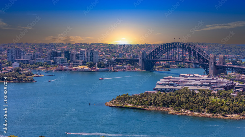 Naklejka premium 18 November 2025 Panoramic night view of Sydney Harbour and City Skyline of NSW Australia beautiful colourful skies on a beautiful spring day