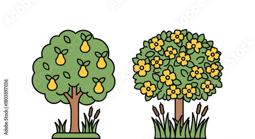 Cute pear tree and flower tree illustration in bright simple style