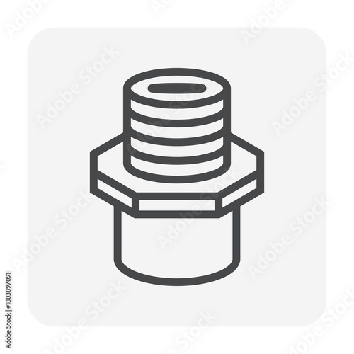 Pipe connector vector icon in black thin outline style with editable stroke. Male threaded - slip socket. Linear symbol representing pipeline joint, plumbing component, water supply system.