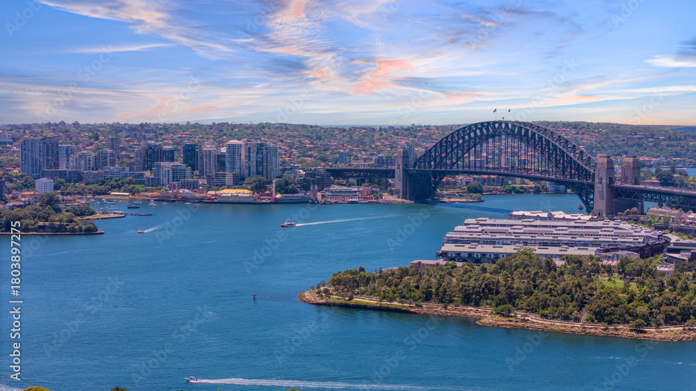 Naklejka premium 18 November 2025 Panoramic night view of Sydney Harbour and City Skyline of NSW Australia beautiful colourful skies on a beautiful spring day