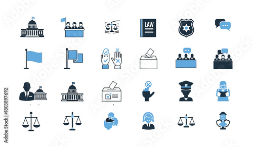 Collection of icons representing law justice government and democracy concepts