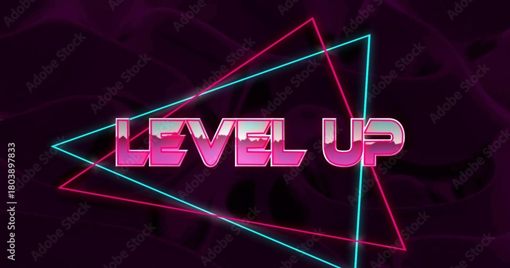 Naklejka premium Glowing neon wordmark LEVEL UP dominating retro poster, showing cyan and magenta triangle outlines