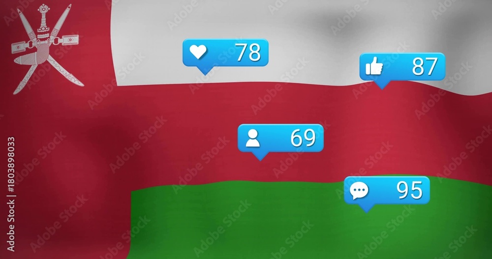 Naklejka premium Displaying Oman flag rippling in studio, showing four blue bubbles heart78 likes87 user69 comment95