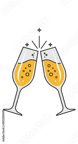 Two champagne glasses clinking in celebration with bubbly effervescence and festive mood.