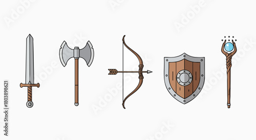 Medieval fantasy RPG weapons and magic items collection vector illustration flat design game icons set sword axe bow shield staff