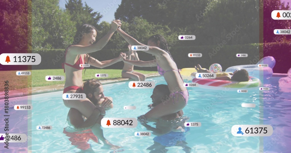 Naklejka premium Playing friends balancing on shoulders in backyard pool, in bikinis and trunks, with social badges