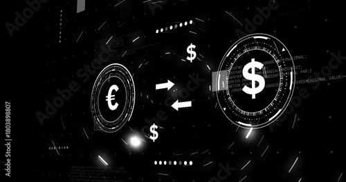 Showing central money HUDs depicting euro and dollar exchange in dark UI with two-way arrows