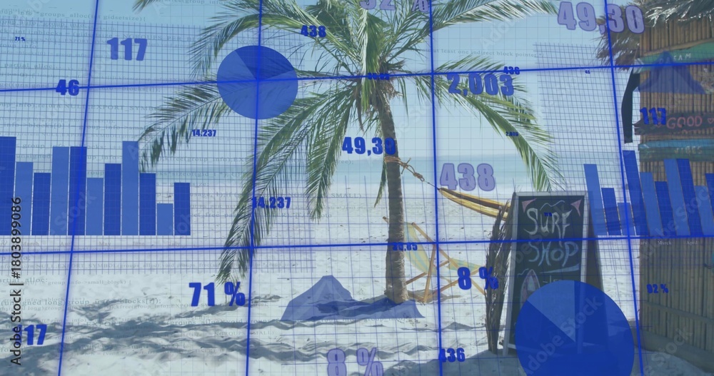 Naklejka premium Showing palm tree with hammock on sandy beach, surf shop chalkboard and blue data overlay