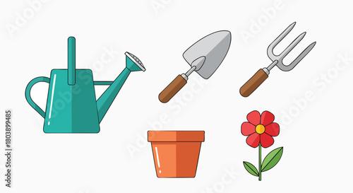 Colorful garden tools and flower icons vector illustration flat design gardening equipment spring summer hobby items plants nature growth household objects set collection