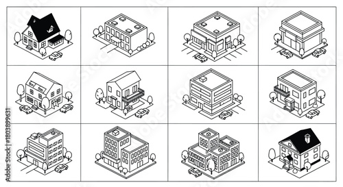 Isometric buildings collection showing houses and commercial property
