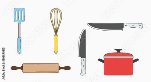 Kitchen cooking utensils set flat design vector illustration baking cookware tools chef home outline isolated