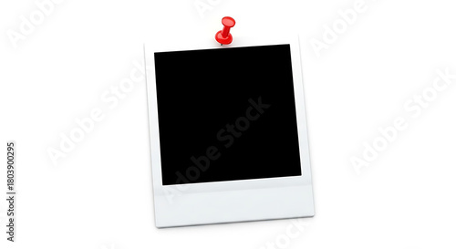 Blank white polaroid instant photo frame with red pushpin thumbtack isolated on transparent background, empty mockup for memory note or picture display