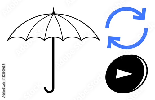 Black umbrella for shelter, blue circular arrows for continuity, and a triangular play button for initiation. Ideal for protection, reset, progress, renewal, continuity, resilience simplicity