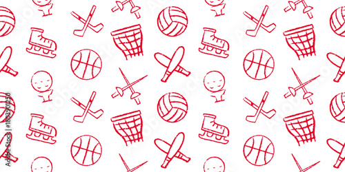 Hand-drawn doodle seamless sport pattern: volleyball, basketball, ice skates, hockey sticks, golf, cricket bats, and fencing sword. Sketchy line art background for fitness, competition, athletic games