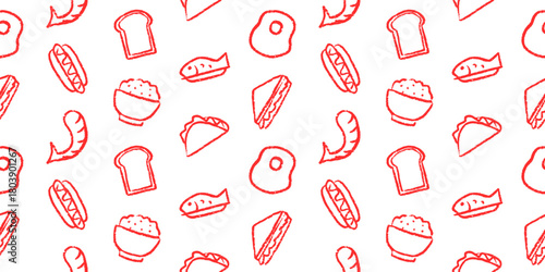 Hand-drawn doodle seamless food pattern: bread, fried egg, hot dog, fish, shrimp, rice, taco, and sandwich. Sketchy line art background for restaurant menu, breakfast, fast food, and meal preparation