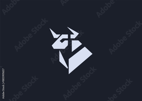 A bold geometric bull logo formed with strong angular shapes and sharp symmetric lines, symbolizing strength, determination, and resilience, crafted as a modern creative vector concept