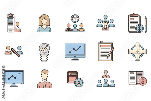 Business Management Lineal Color Icon Set – HR, Analytics & Planning