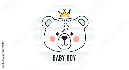 Cute cartoon baby boy polar bear wearing a golden crown, with pink cheeks and 'Baby Boy' text, on a light blue striped circular background.