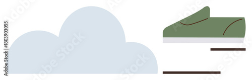Green shoe in motion, steps levitating by a soft blue cloud. Ideal for progress, ambition, journey, determination, lightness, goals simplicity. A clean and simple flat metaphor