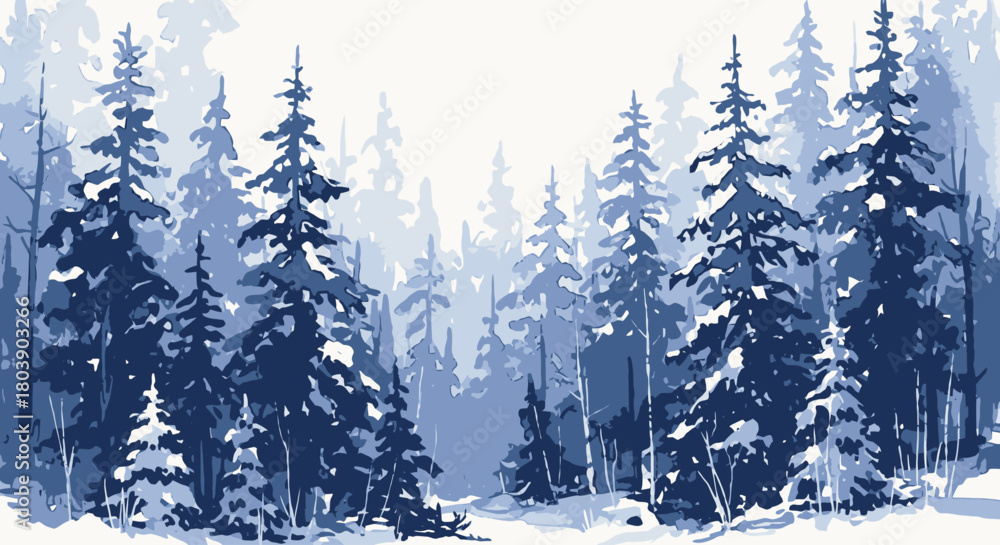 Obraz premium A serene winter forest scene with snow-covered pine trees and a soft, hazy atmosphere.