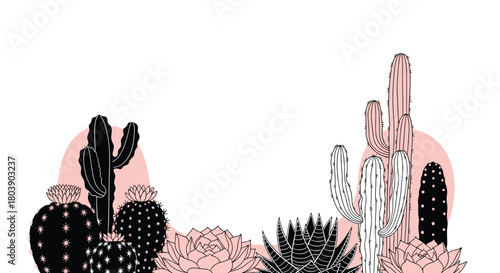 A stylish graphic illustration of various desert cacti and succulents in a modern black, white, and pink minimalist design, offering ample copy space.