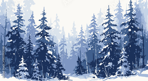 A serene winter forest scene with snow-covered pine trees and a soft, hazy atmosphere.