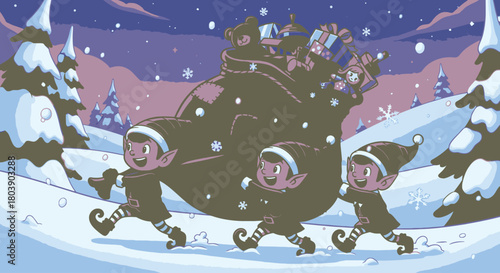 Three elves pull a large sack of toys through a snowy landscape at night.