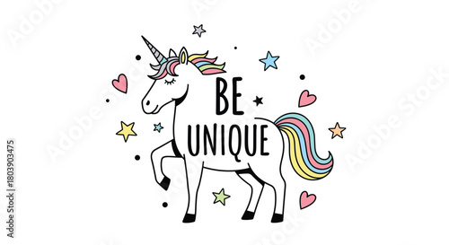 A delightful cartoon unicorn with a rainbow mane and tail, featuring the motivational message \.
