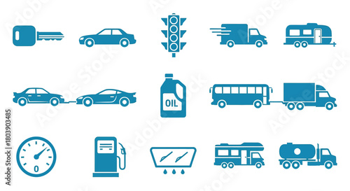 Drive into success with vibrant transport and automotive icons set