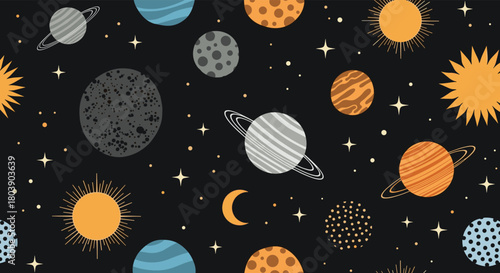 Whimsical seamless pattern featuring a variety of colorful planets, sparkling stars, and a crescent moon against a deep cosmic background.