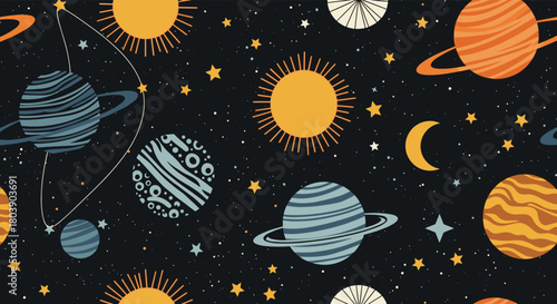 A playful and whimsical seamless pattern featuring hand-drawn celestial elements like planets, suns, moons, and stars on a dark cosmic background.