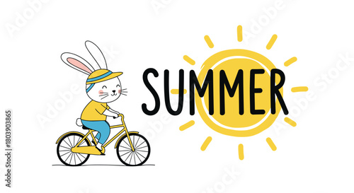 A cheerful cartoon rabbit wearing a hat and shirt, riding a yellow bicycle next to the word 'SUMMER' written in black letters over a bright yellow sun.