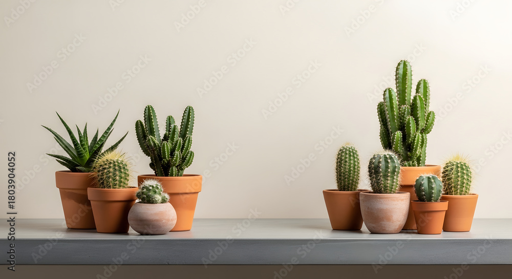 Fototapeta premium Minimalist Cactus and Succulent Potted Plants on Neutral Wall Background