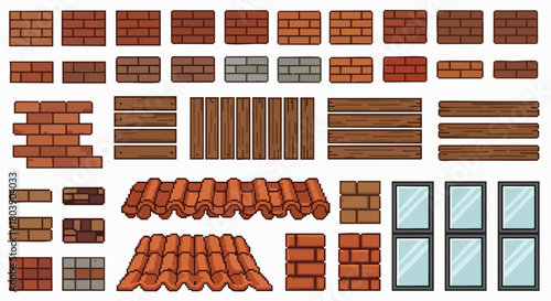 Retro pixel art building constructor elements game assets vector illustration flat design brick wall wood texture roof tiles windows 8-bit sprite kit UI
